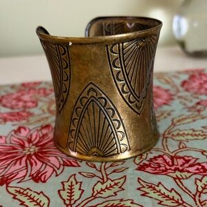 Etched Brass Wide Cuff Bracelet - Boho Statement